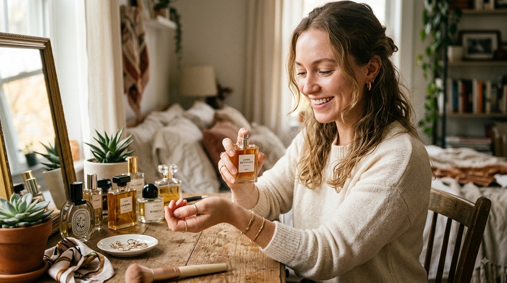 A woman in a cozy sweater gently spraying perfume onto her inner wrist at a wooden vanity near a sunlit window.