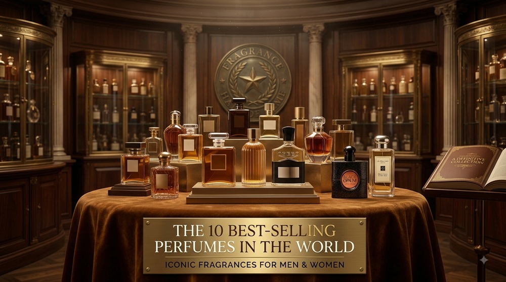 A luxurious archive room header featuring a display of iconic perfume bottles on a central table. A gold plaque in the foreground reads "THE 10 BEST-SELLING PERFUMES IN THE WORLD: ICONIC FRAGRANCES FOR MEN & WOMEN." The background features wood paneling, lit display cabinets, and a central star crest.