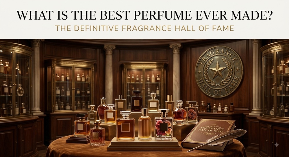 A luxurious, vintage-style library room with wood paneling and glass cabinets filled with perfume bottles. In the foreground, a display table holds a collection of elegant fragrances next to a quill and a large, leather-bound book titled "THE DEFINITIVE FRAGRANCE HALL OF FAME." Text at the top reads, "WHAT IS THE BEST PERFUME EVER MADE?"