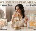 A comparison guide showing a woman applying perfume and icons for skin wear time with application tips, next to a humidity-controlled storage cabinet detailing perfume shelf life and storage tips.