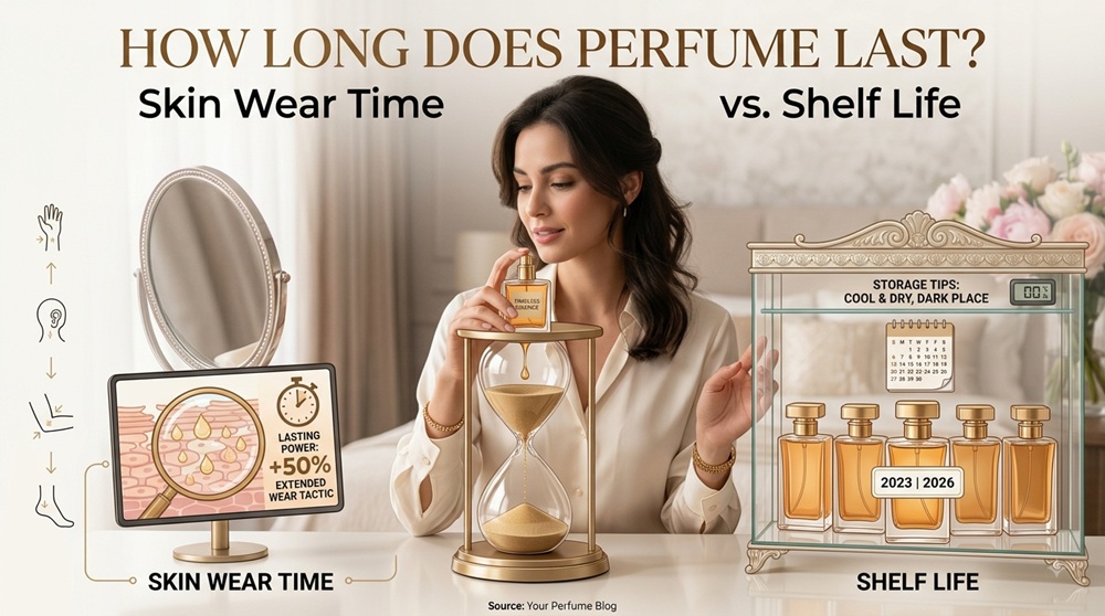 A comparison guide showing a woman applying perfume and icons for skin wear time with application tips, next to a humidity-controlled storage cabinet detailing perfume shelf life and storage tips.