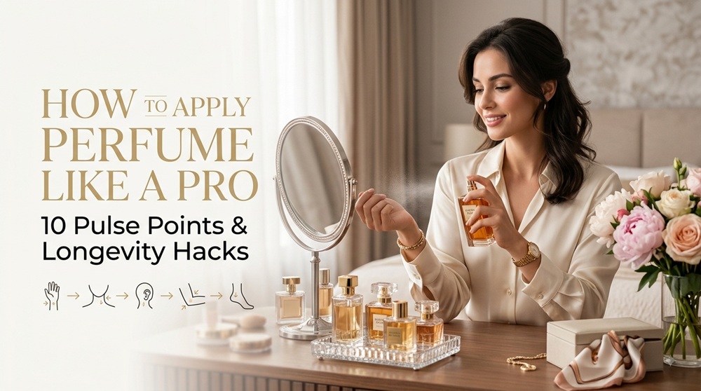A woman applying perfume at a vanity table with glass fragrance bottles, featuring the blog title How to Apply Perfume Like a Pro: 10 Pulse Points & Longevity Hacks.