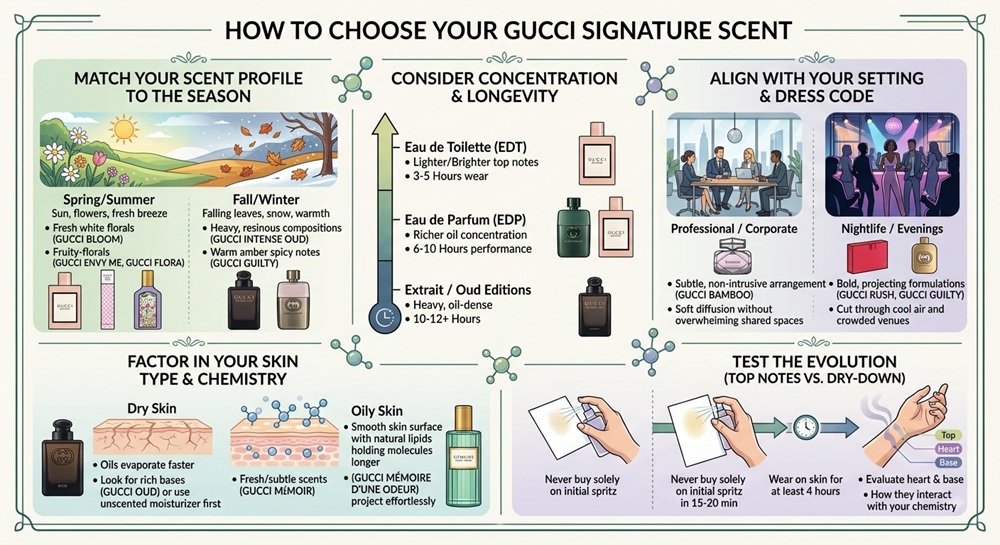 An infographic titled 'HOW TO CHOOSE YOUR GUCCI SIGNATURE SCENT' with five panels detailing tips: 1. Match Your Scent Profile to the Season (Spring/Summer vs. Fall/Winter examples); 2. Consider Concentration & Longevity (scale from EDT 3-5h to Extrait 10-12h); 3. Align with Your Setting & Dress Code (Professional vs. Nightlife); 4. Factor in Your Skin Type & Chemistry (Dry vs. Oily Skin tips); and 5. Test the Evolution (timeline showing Top Notes, 15-20 min, 4+ hours, and Base Notes evaluation). The design is modern with elegant illustrations and specific Gucci perfume bottle examples.