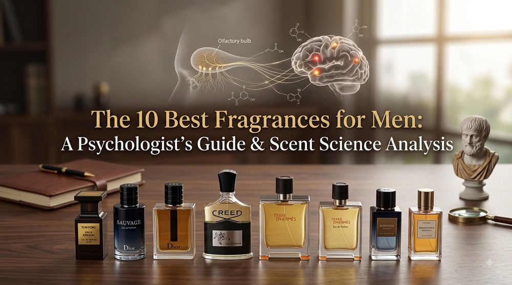 A clean graphic featuring a minimal outline of a perfume bottle and a classical antique bust, representing intellectual elegance in branding.