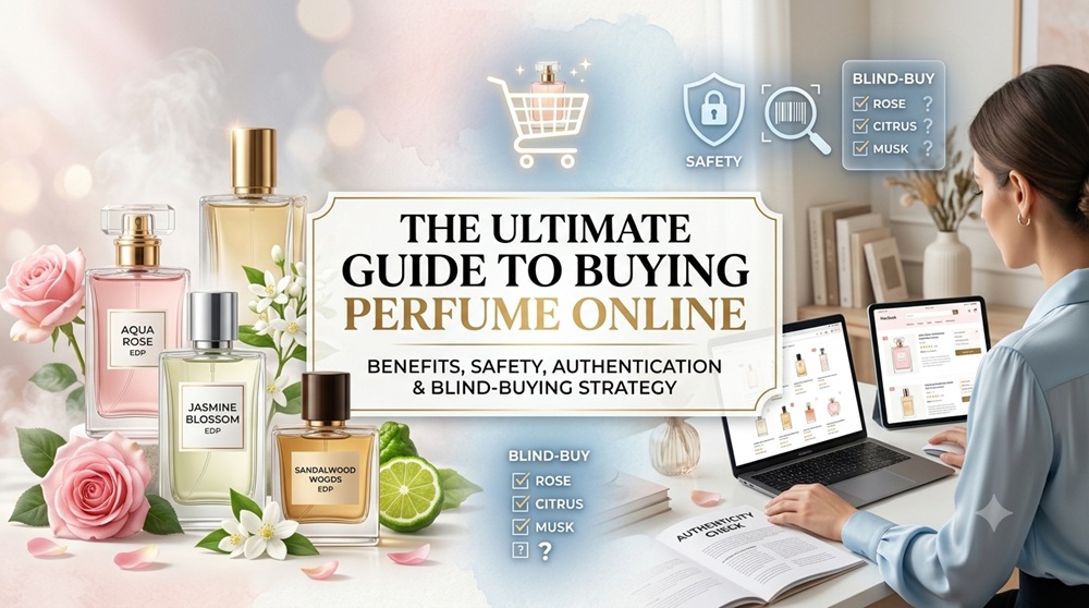 A blog header graphic for 'The Ultimate Guide to Buying Perfume Online' showing a woman shopping for fragrances on a laptop. Icons for safety, barcode authentication, and blind-buying strategies are displayed above bottles labeled Aqua Rose and Jasmine Blossom.
