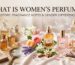 A banner image titled 'What Is Women's Perfume?' illustrating the history of fragrance. On the left are antique perfume bottles and an old book with a quill; on the right, modern perfume bottles labeled Rose, Jasmine, and Bergamot are displayed with fresh flowers, lavender, and spices.