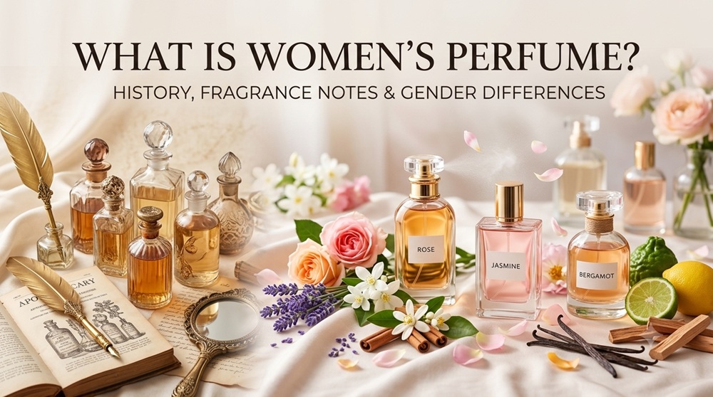 A banner image titled 'What Is Women's Perfume?' illustrating the history of fragrance. On the left are antique perfume bottles and an old book with a quill; on the right, modern perfume bottles labeled Rose, Jasmine, and Bergamot are displayed with fresh flowers, lavender, and spices.