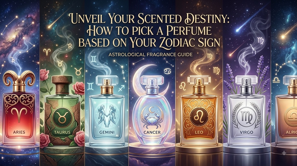 A panoramic banner showing a row of elegant, stylized perfume bottles, each personalized for a specific zodiac sign with matching colors, symbols, and botanical elements (like Ram for Aries, Bull for Taurus, and flowers). The backdrop is a swirling cosmic nebula with constellations and stars, all supporting the title "Unveil Your Scented Destiny: How to Pick a Perfume Based on Your Zodiac Sign."